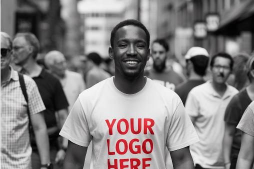 personne avec tee-shirt marqué "your logo here"