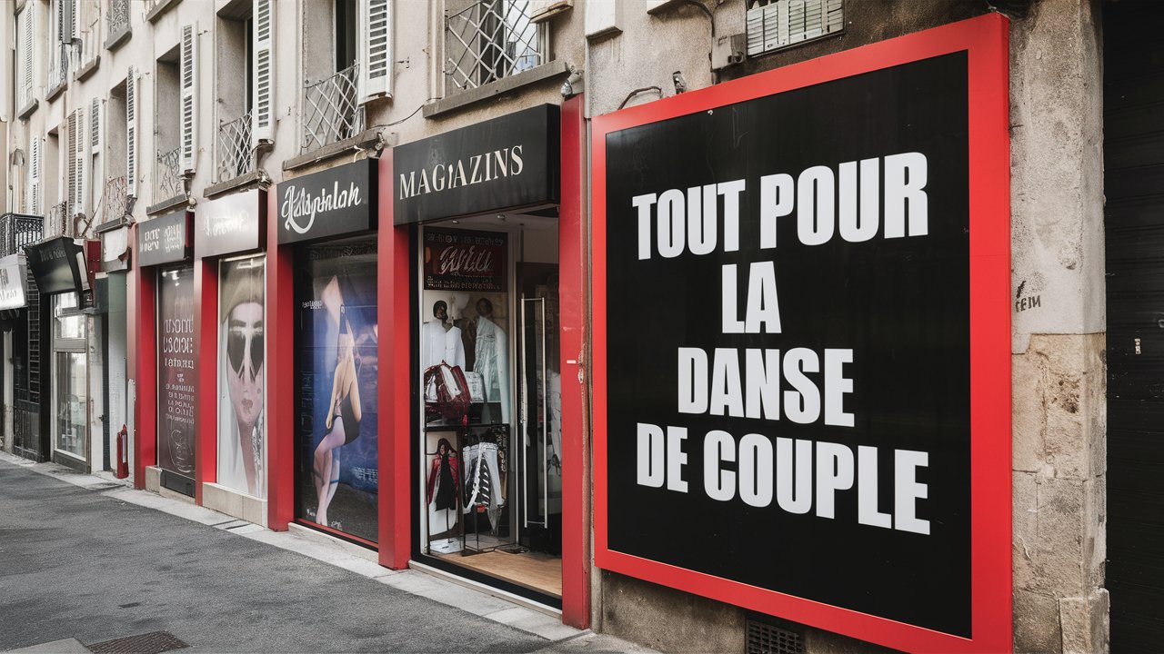 Une rue de magazin et une enseigne "tout pour la danse de couple"
